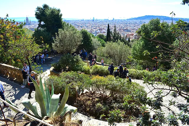 View over Barcelona from the terraces of Park Güell, with the city spreading towards the sea beyond the treetops